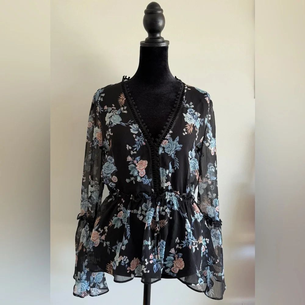 WhiteHouse Black Market Womens XS Sheer Floral Boho Peplum Blouse Fairycore